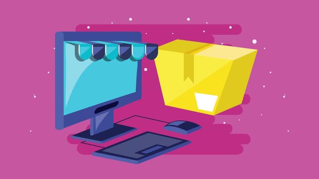 Computer screen displays online store with awning, mouse and keyboard present alongside package delivery box.