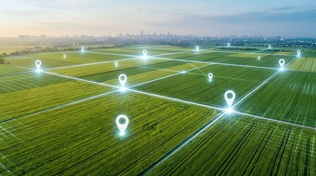 Smart farming technology concept featuring green agricultural land parcels with digital location markers.
