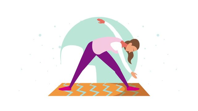 Flat vector animation of young woman doing triangle pose yoga on mat with animated background elements.