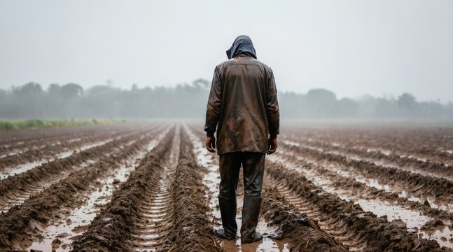 Farmer covered in mud stands in wet plowed field during heavy rain. Person wearing hood, boots looks at desolate landscape. Agricultural labor, hard work, tough weather conditions, struggle,