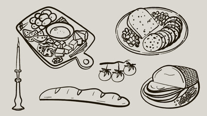 Vector hand-drawn sketch set of charcuterie boards, appetizers, and gourmet snacks. Black linear illustrations featuring a baguette, ham, cheese platter, tomatoes on vine, and a candle on a neutral ba