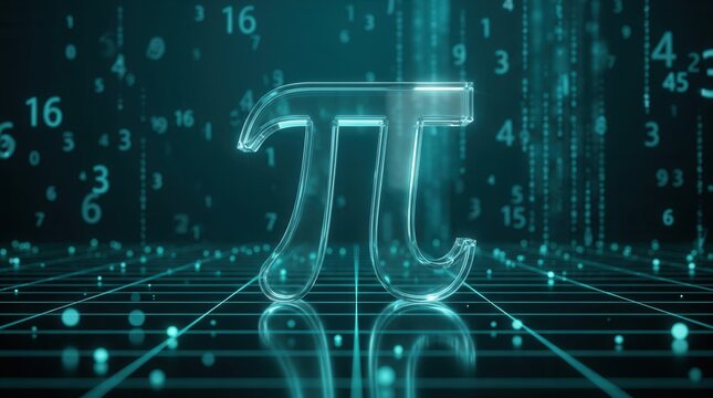 Glass texture Pi sign reflecting on a 3D grid with numeric calculation symbols.
