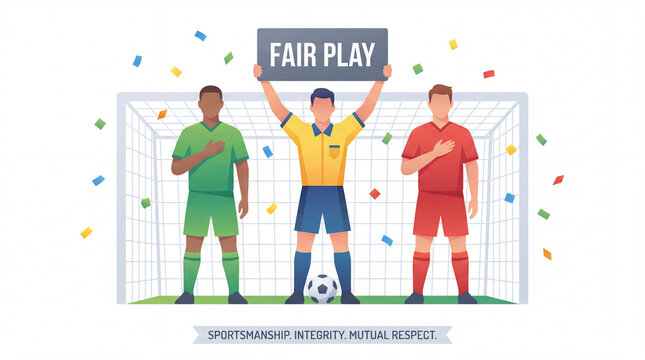 vector illustration of football referee holding fair play sign with two players