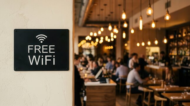 Modern restaurant entrance featuring a free wifi sign to highlight customer convenience service.