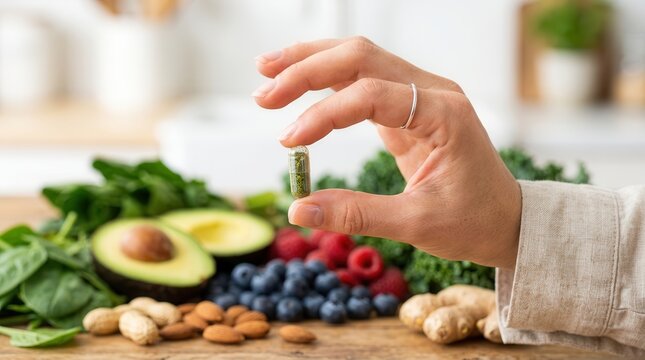 Dietary supplementation and natural nutrition concept with herbal capsule and fresh superfood ingredients.