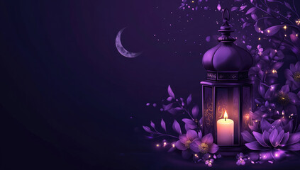 Fototapeta premium Eid Mubarak and Ramadan Kareem greetings with an Islamic lantern, moon, and candle in the Eid Fiesta concept on a purple background