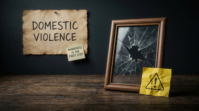 Intimate partner violence prevention concept with broken frame and awareness message.