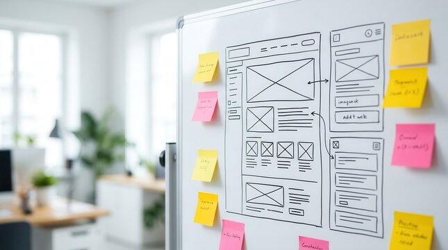 UI/UX design elements and website wireframe sketches on a whiteboard with sticky notes.