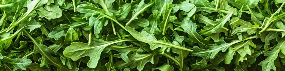 Fototapeta premium Fresh Arugula Leaves Beautifully Arranged on a Rustic Wooden Table for Gourmet Salad Inspiration