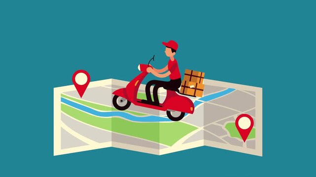 Delivery man on scooter moving across city map with gps location pins animation for food logistics and shipping services.