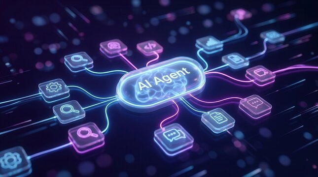 Artificial intelligence agent dashboard showing data flow process and technology nodes.