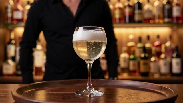 Glass of Champagne on Wooden Tray in Front of a Person in a Dark Shirt Indoors for Celebration Concept