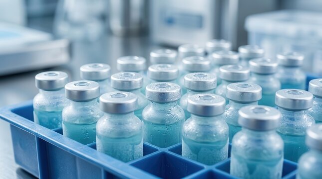 Medical research vials with condensation representing cold chain logistics concept.