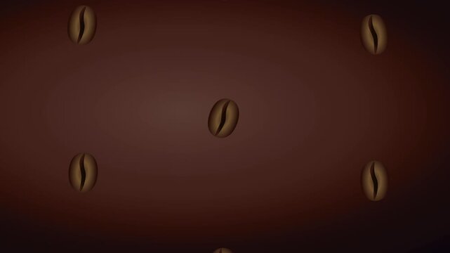 Coffee beans rotating motion loop on dark brown background, dynamic pattern of roasted coffee for cafe or breakfast themes.