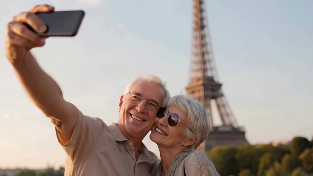 Happy retired tourist couple taking a romantic selfie with a smartphone. Mature man and woman enjoying their european vacation with the Eiffel Tower in the background during a beautiful sunset