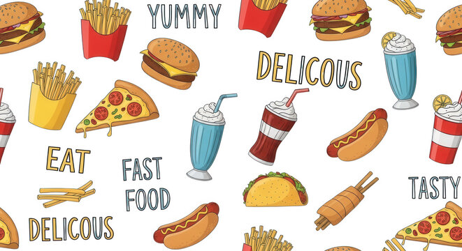 Seamless pattern of fast food including burgers pizza slices fries hot dogs tacos and milkshakes on a black background
