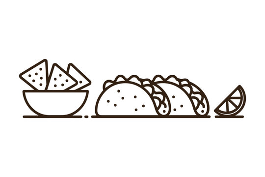 Minimalist brown line of nachos tacos and lime slice on white background