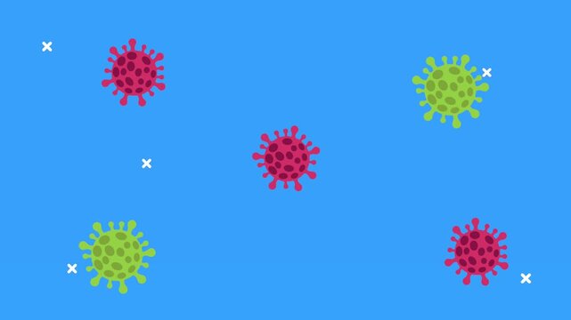 Animated coronavirus particles floating on blue background representing microscopic view of viral spread and pandemic concept.