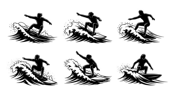 Surfer vector set with six black silhouettes riding waves in various surfing positions and movements on white background