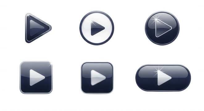 Set of glossy black and white play buttons with metallic borders and light reflections in triangular circular square and oval shapes