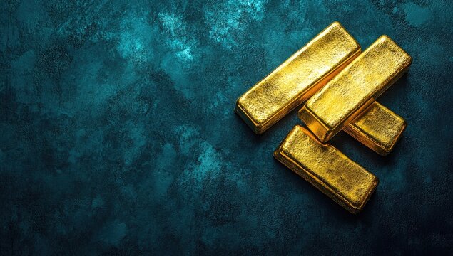 Gold bars on a dark blue and green background, top view. Gold bullions on a grunge texture background.
