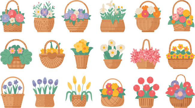 Flower baskets collection set, colorful floral arrangements illustration, decorative garden vector for spring and wedding