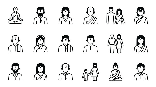 Set of traditional Indian people avatar line art icons including monks family and couples wearing holy tilak outline vector illustration.