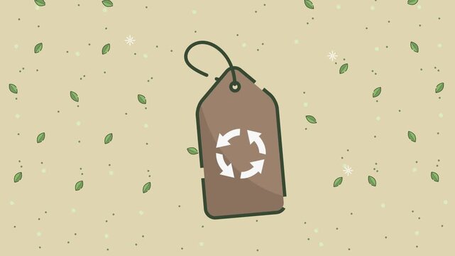 Eco friendly recycled paper price tag animation with spinning green symbol and falling leaves on beige background.