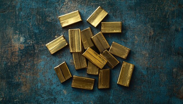 Gold bars on a dark blue and green background, top view. Gold bullions on a grunge texture background.