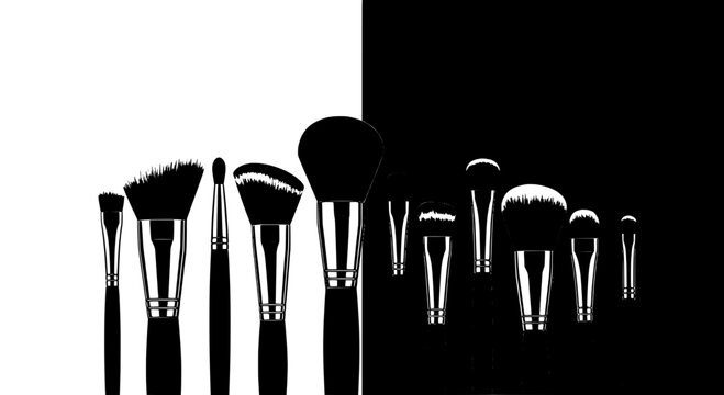 Brushes makeup set with various shapes and sizes for beauty application featuring cosmetic, tools, foundation with powder and blending elements for