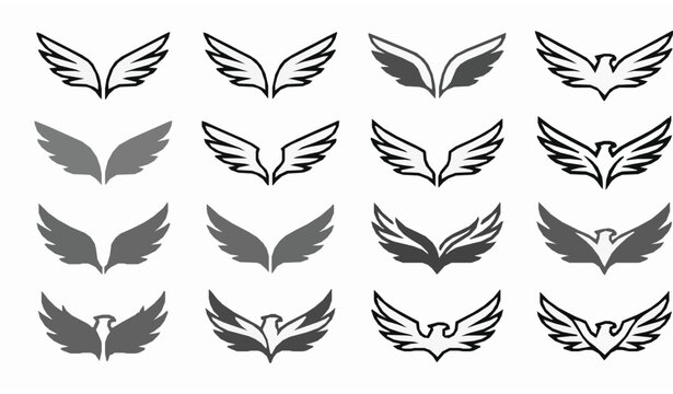Set of wings and eagle feather icons in thin line and outline style.