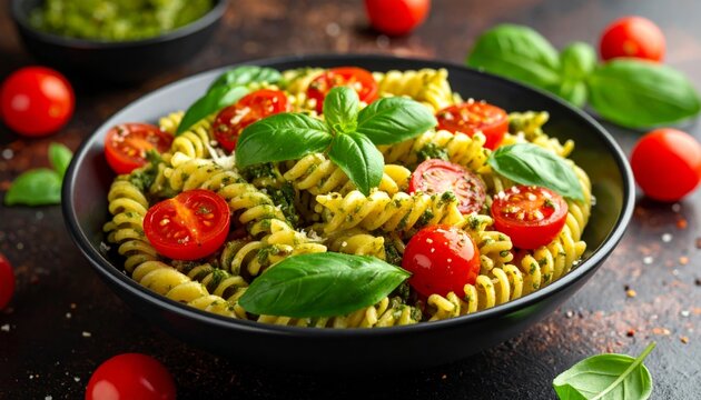 A gourmet meal of fresh pasta with tomato sauce, basil, and healthy vegetables makes for a delicious dinner dish served on a plate as an authentic Italian cuisine