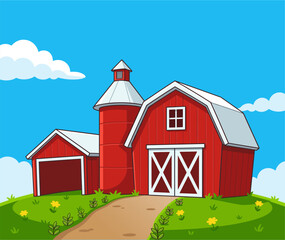 Cartoon illustration of a vibrant red barn and silo on a green grassy hill under a bright blue sky with white clouds and a dirt path. © Dumirah