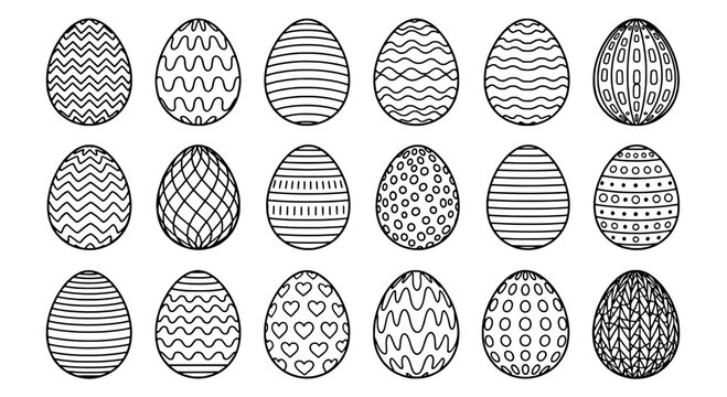 Easter egg icons set with wavy stripes, dots, chevrons, crisscross pattern and heart designs for holiday graphics