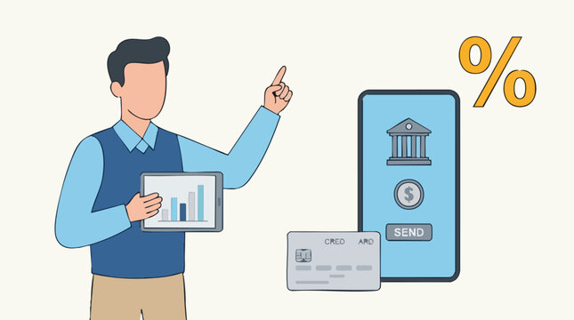 Man with tablet showing financial data, digital banking, and credit card concept