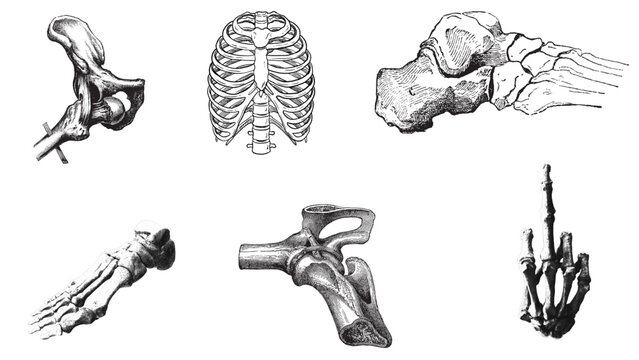 Joint anatomy and rib cage structures are presented in this collection of detailed medical illustrations.