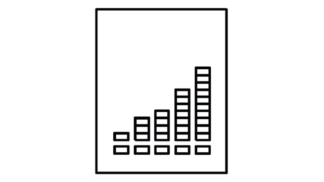Vector icon illustration of a financial report document featuring a rising bar chart showing growth and success. Clean minimalist line art style for business and economic data analysis.