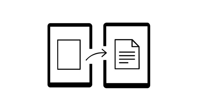 Digital onboarding vector icon illustration of a user filling out a digital form on a tablet, transitioning from blank to completed document, clean minimalist line art for tech and business.