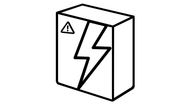 System outage notification icon showing a hardware box marked with a spark and hazard sign. Sharp linear illustration for technical failures, power issues, and server maintenance alerts.