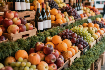 Naklejka premium Fresh fruits, wine bottles arranged attractively at market stall with green pine branches. Variety of apples, oranges, grapes displayed in wooden crates. Scene evokes sense of abundance, local