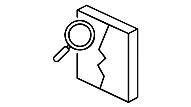 Vulnerability scan vector icon featuring a magnifying glass inspecting a crack in a wall, representing security analysis, risk assessment, and technical debugging in a clean line art style.