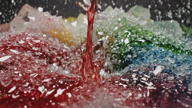 Vibrant red liquid pours dramatically over sparkling, colorful sugar crystals, creating joyful energetic splash. Sweet crystal formations emerge from vibrant colorful liquid, resembling sugar candy