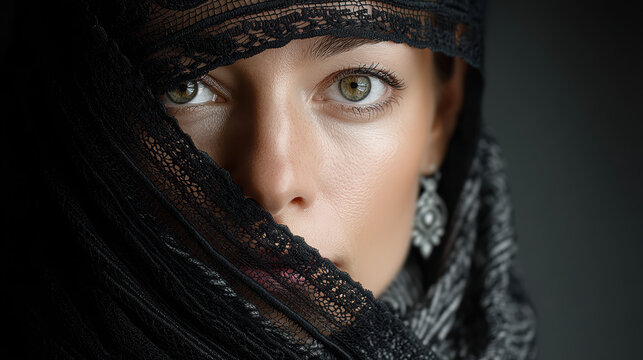Mysterious woman face close up green eyes lace veil black scarf ethnic jewelry dramatic lighting intense gaze beauty emotion