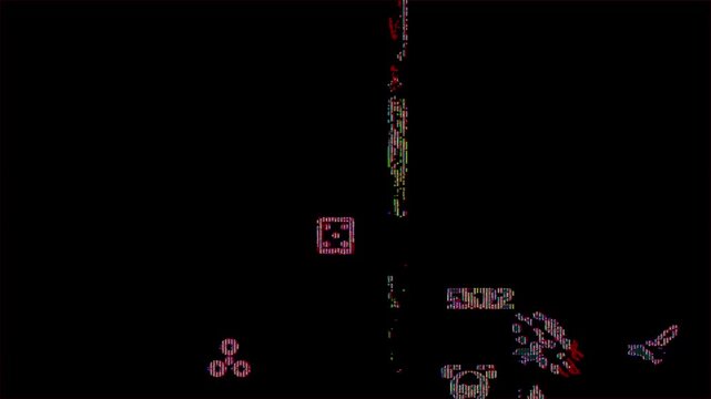 Strong digital distortion with moving game symbols. A simulation of hacking a cybersecurity system with crash icons.