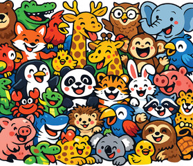 Fototapeta premium Cartoon Animal Crowd Seamless Vector – Diverse Species Packed Chaos, Expressive Faces, Playful Characters, Bold Primary Colors, Clean Flat Illustration white background