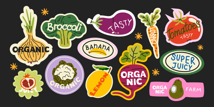 Vegetables and fruits label stickers in trendy cartoon style. Bright patches for onion, broccoli, lemon, tomatoes, banana, avocado and carrot. Organic food badges for farmers market