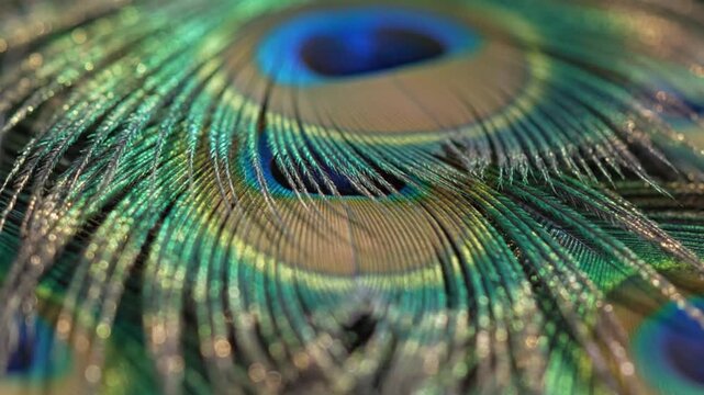 Close-up Macro of a Vibrant Peacock Feather with an Eye Pattern