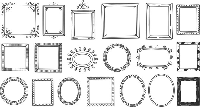 Vintage picture frames collection set, decorative borders and outlines, hand drawn vector illustration for gallery