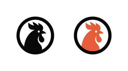 Two minimalist circular icons featuring stylized rooster heads in black and orange for branding design projects © mr fida 