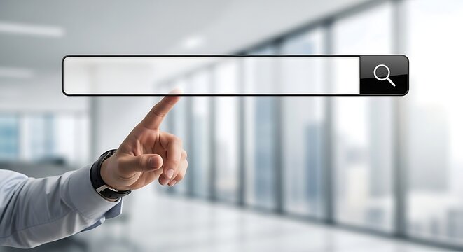 Hand pointing at a floating search bar, suggesting online information retrieval and web browsing.